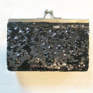 VANITY Black Sequin Kiss Clasp Mini Clutch Purse